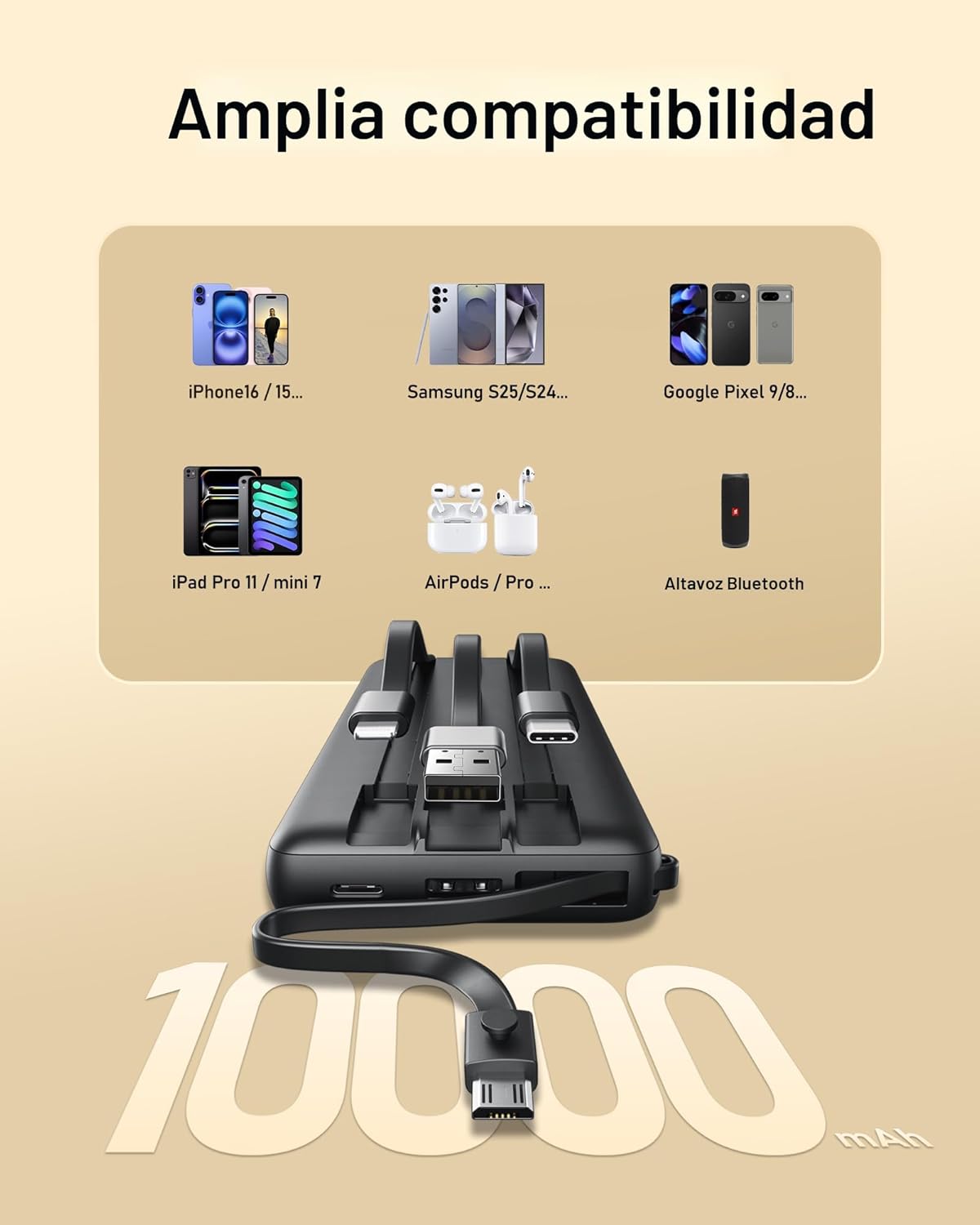 VEEKTOMX Cargador portátil con cables integrados, cargador de batería de 10000 mAh para iPhone, carga rápida, USB C, paquete de baterías esenciales de viaje, compatible con iPhone 17/16/15/14, Samsung