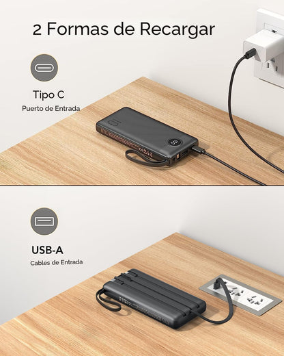 VEEKTOMX Cargador portátil con cables integrados, cargador de batería de 10000 mAh para iPhone, carga rápida, USB C, paquete de baterías esenciales de viaje, compatible con iPhone 17/16/15/14, Samsung