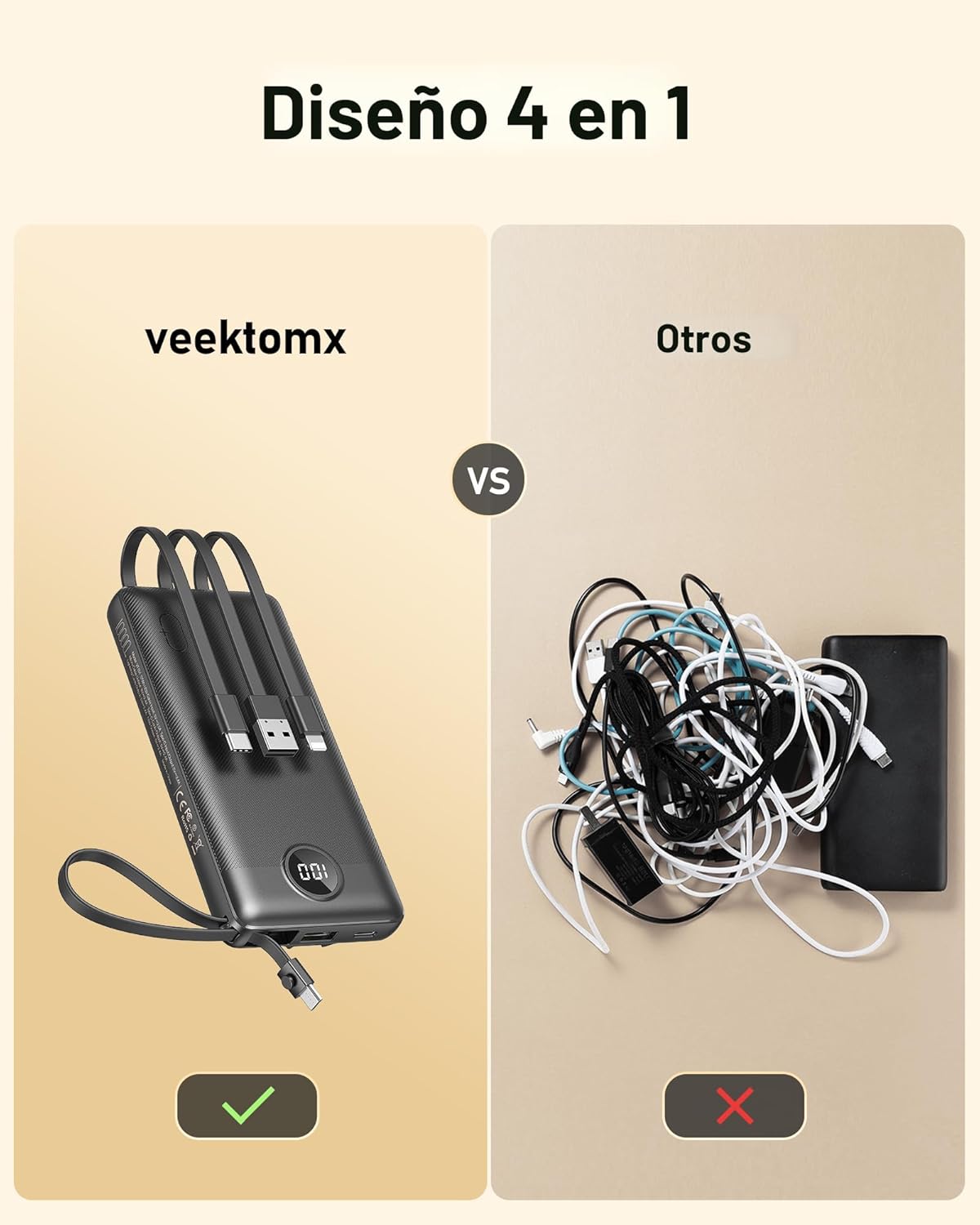VEEKTOMX Cargador portátil con cables integrados, cargador de batería de 10000 mAh para iPhone, carga rápida, USB C, paquete de baterías esenciales de viaje, compatible con iPhone 17/16/15/14, Samsung