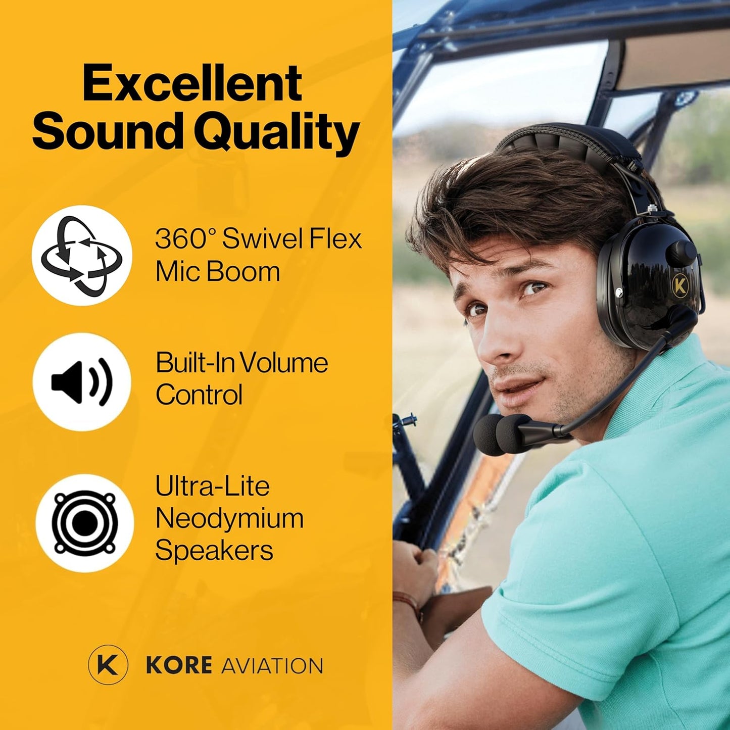 KORE AVIATION H1 Helicopter Pilot Headset - Reducción pasiva de ruido, micrófono con cancelación de ruido, mono, sello de oreja de gel, diadema ajustable, puerto AUX, enchufe U-174 y bolsa de auriculares gratis