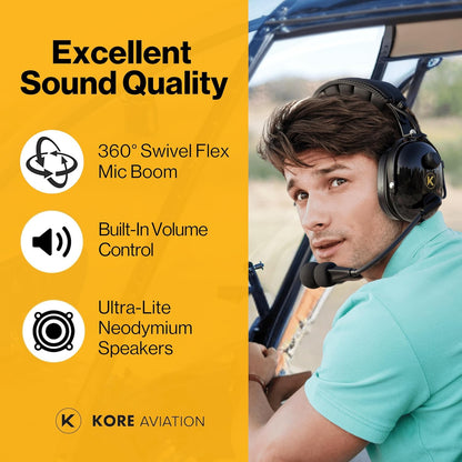 KORE AVIATION H1 Helicopter Pilot Headset - Reducción pasiva de ruido, micrófono con cancelación de ruido, mono, sello de oreja de gel, diadema ajustable, puerto AUX, enchufe U-174 y bolsa de auriculares gratis
