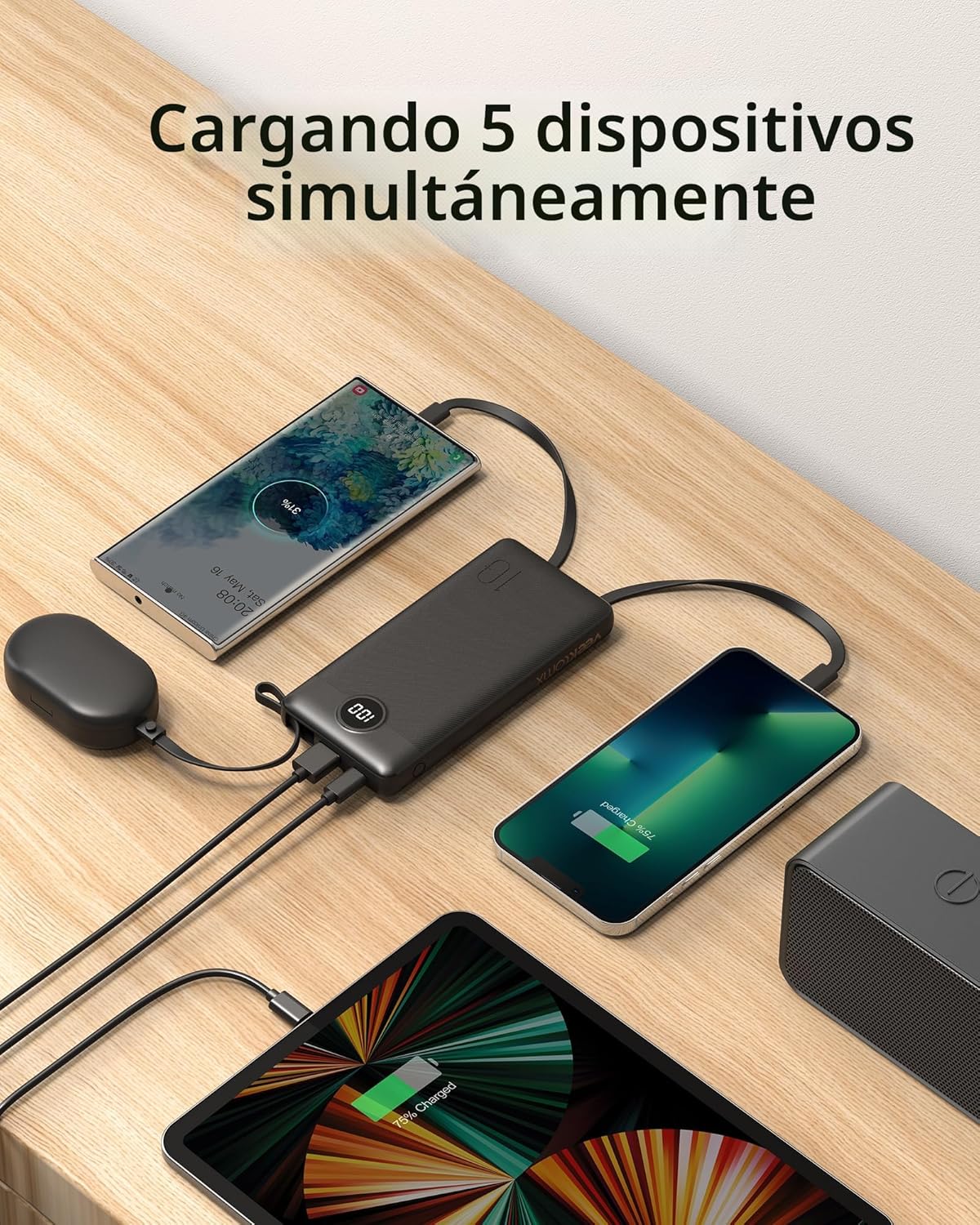 VEEKTOMX Cargador portátil con cables integrados, cargador de batería de 10000 mAh para iPhone, carga rápida, USB C, paquete de baterías esenciales de viaje, compatible con iPhone 17/16/15/14, Samsung