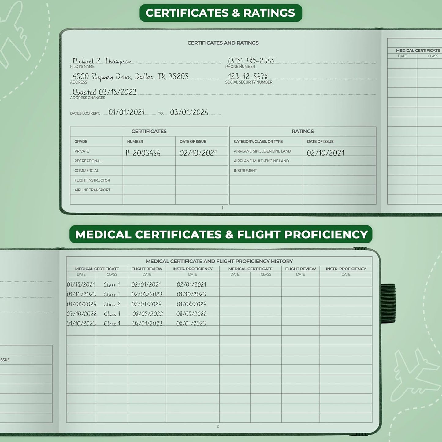Clever Fox Cuaderno de registro piloto – Diario de registro de vuelo de tapa dura para pilotos profesionales y estudiantes – Libro de registro de aviones, regalos de aviación y equipo (verde radar)