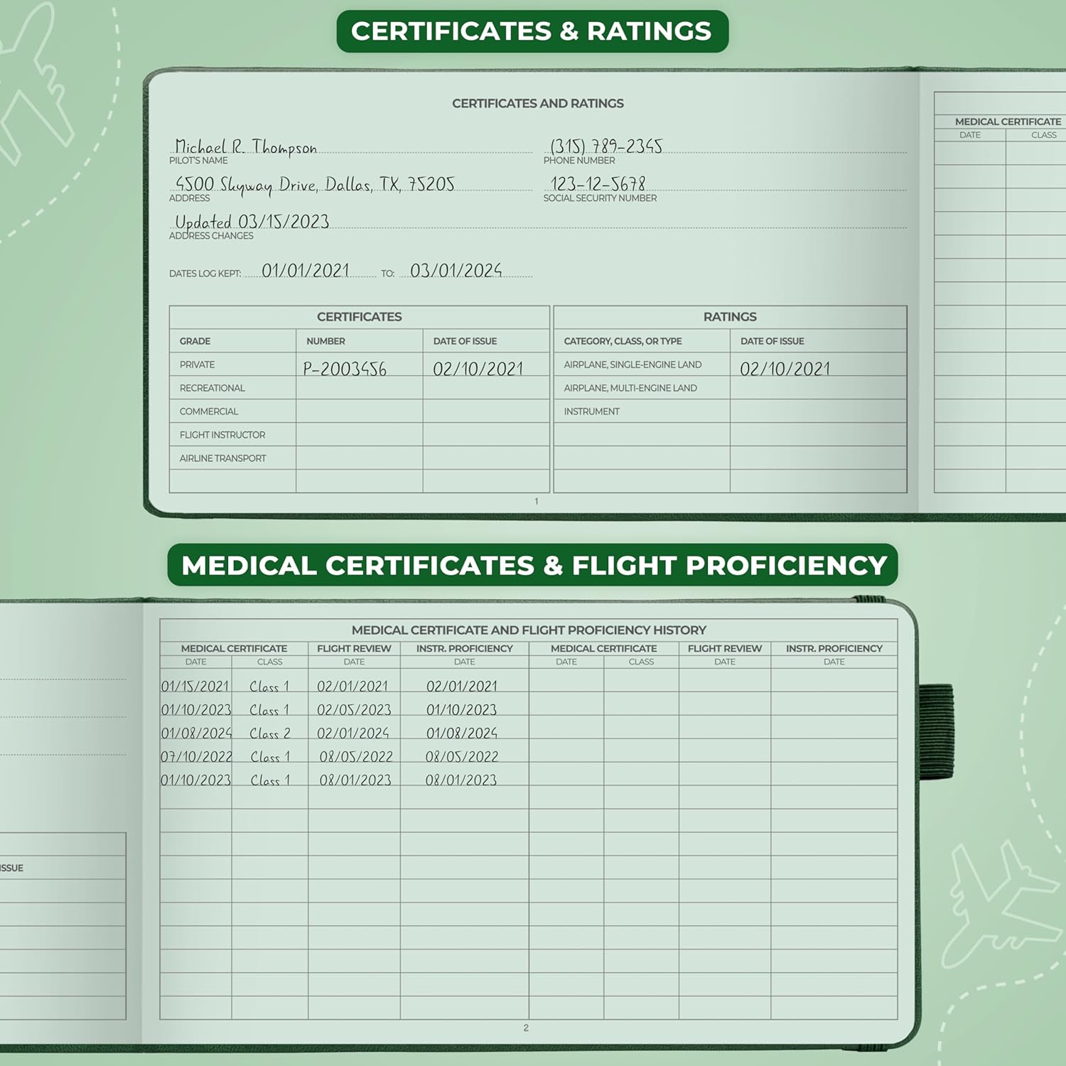 Clever Fox Cuaderno de registro piloto – Diario de registro de vuelo de tapa dura para pilotos profesionales y estudiantes – Libro de registro de aviones, regalos de aviación y equipo (verde radar)
