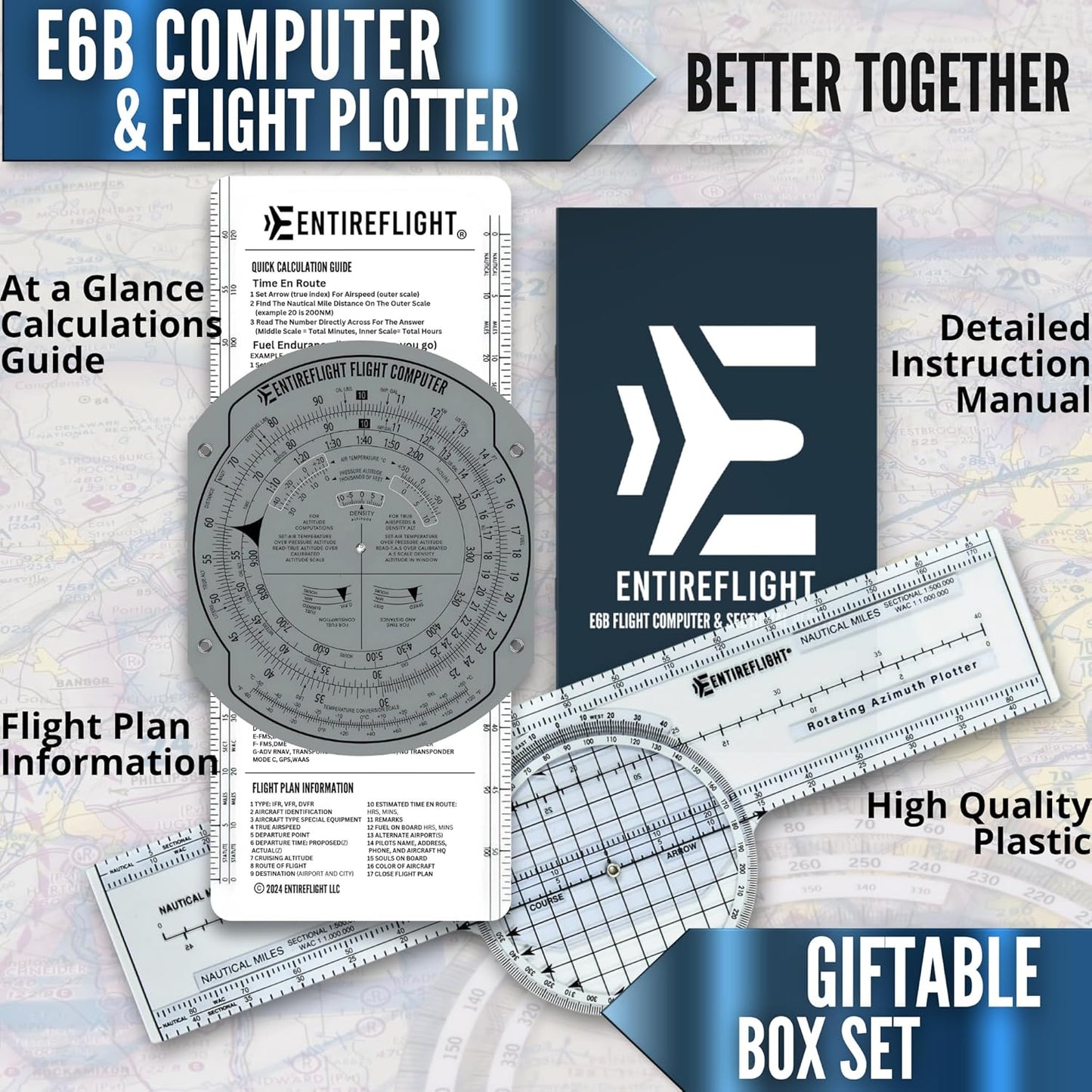 EntireFlight - Computadora de vuelo, trazador de aviación y caja manual E6B - Accesorios esenciales para piloto y herramientas de aviación para su bolsa de vuelo - Uso con gráficos seccionales IFR VFR - Calculadora de vuelo