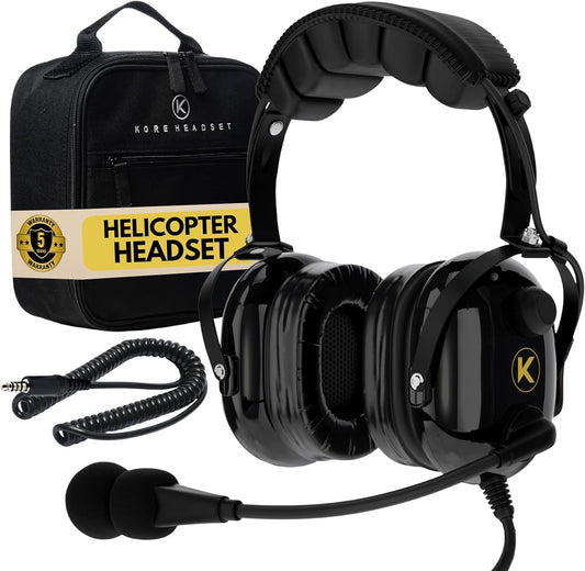 KORE AVIATION H1 Helicopter Pilot Headset - Reducción pasiva de ruido, micrófono con cancelación de ruido, mono, sello de oreja de gel, diadema ajustable, puerto AUX, enchufe U-174 y bolsa de auriculares gratis