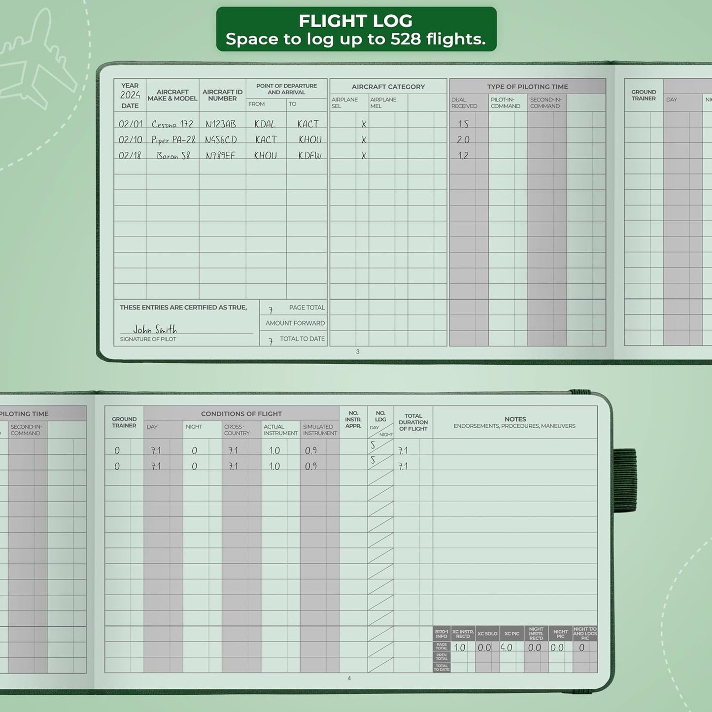 Clever Fox Cuaderno de registro piloto – Diario de registro de vuelo de tapa dura para pilotos profesionales y estudiantes – Libro de registro de aviones, regalos de aviación y equipo (verde radar)