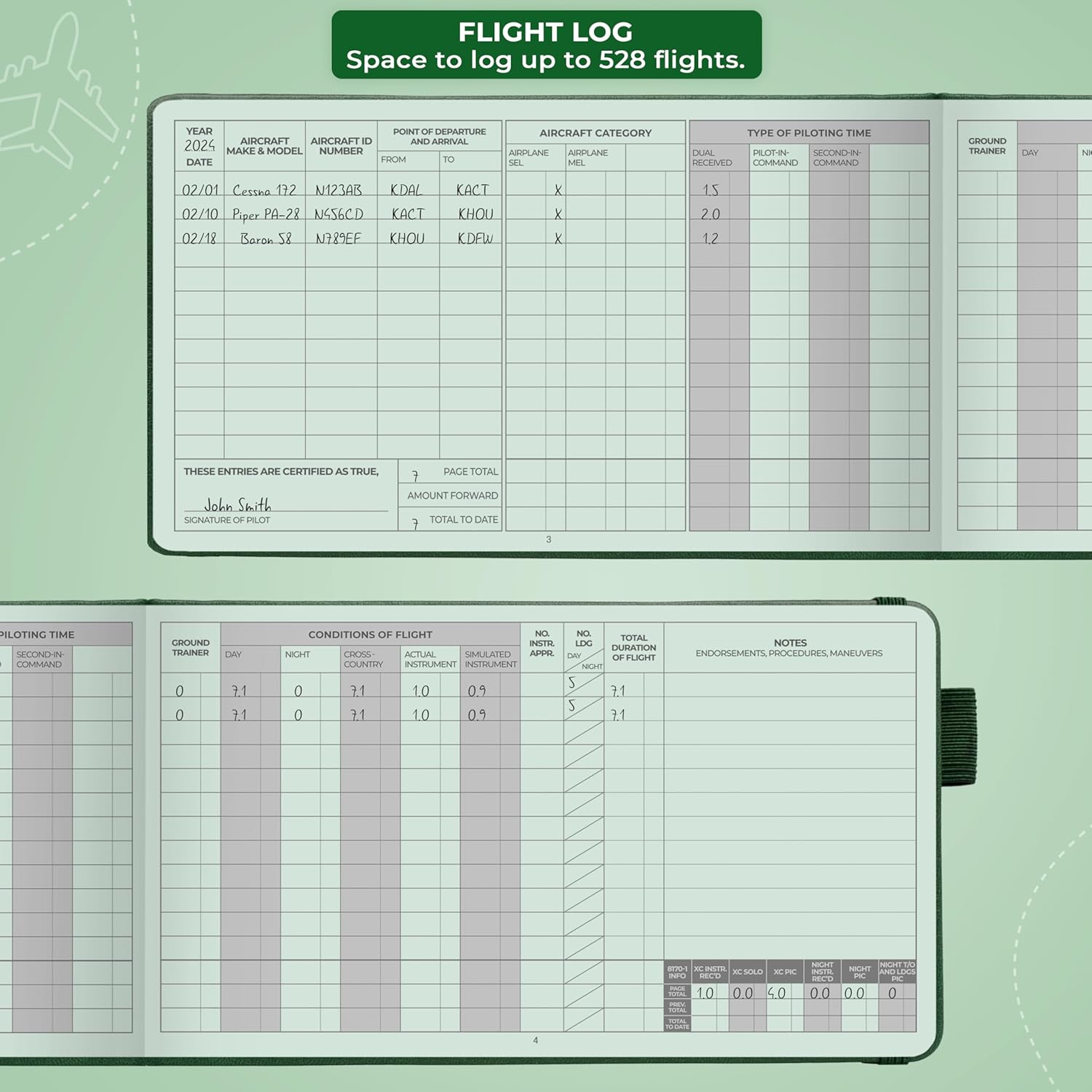 Clever Fox Cuaderno de registro piloto – Diario de registro de vuelo de tapa dura para pilotos profesionales y estudiantes – Libro de registro de aviones, regalos de aviación y equipo (verde radar)