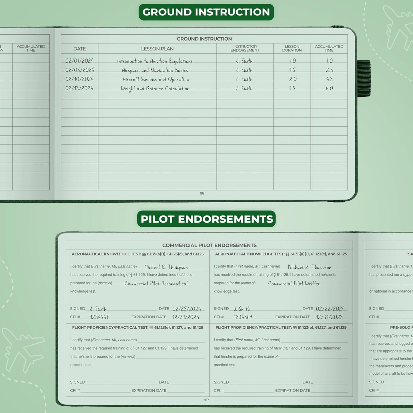 Clever Fox Cuaderno de registro piloto – Diario de registro de vuelo de tapa dura para pilotos profesionales y estudiantes – Libro de registro de aviones, regalos de aviación y equipo (verde radar)