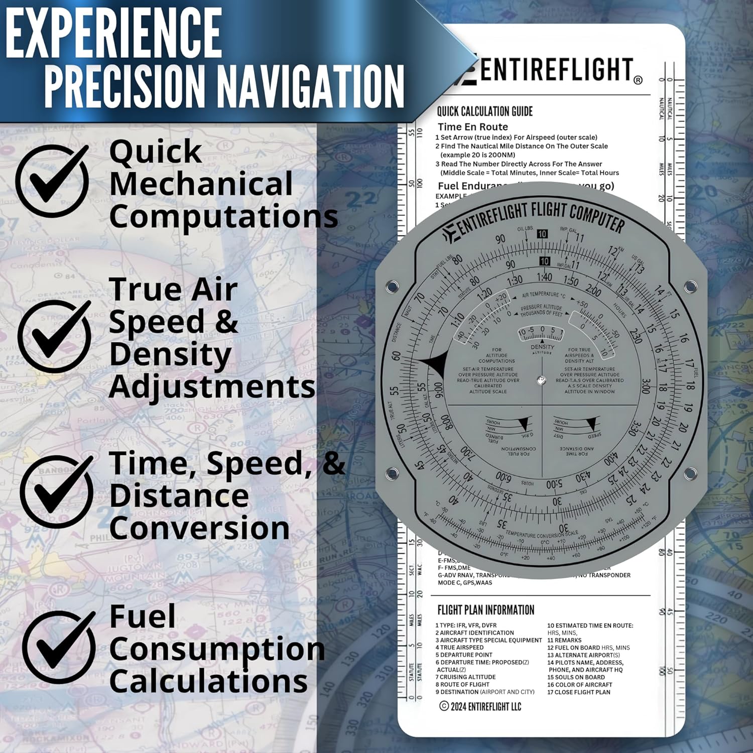 EntireFlight - Computadora de vuelo, trazador de aviación y caja manual E6B - Accesorios esenciales para piloto y herramientas de aviación para su bolsa de vuelo - Uso con gráficos seccionales IFR VFR - Calculadora de vuelo