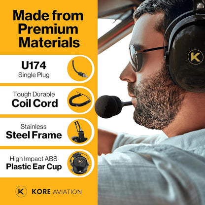 KORE AVIATION H1 Helicopter Pilot Headset - Reducción pasiva de ruido, micrófono con cancelación de ruido, mono, sello de oreja de gel, diadema ajustable, puerto AUX, enchufe U-174 y bolsa de auriculares gratis