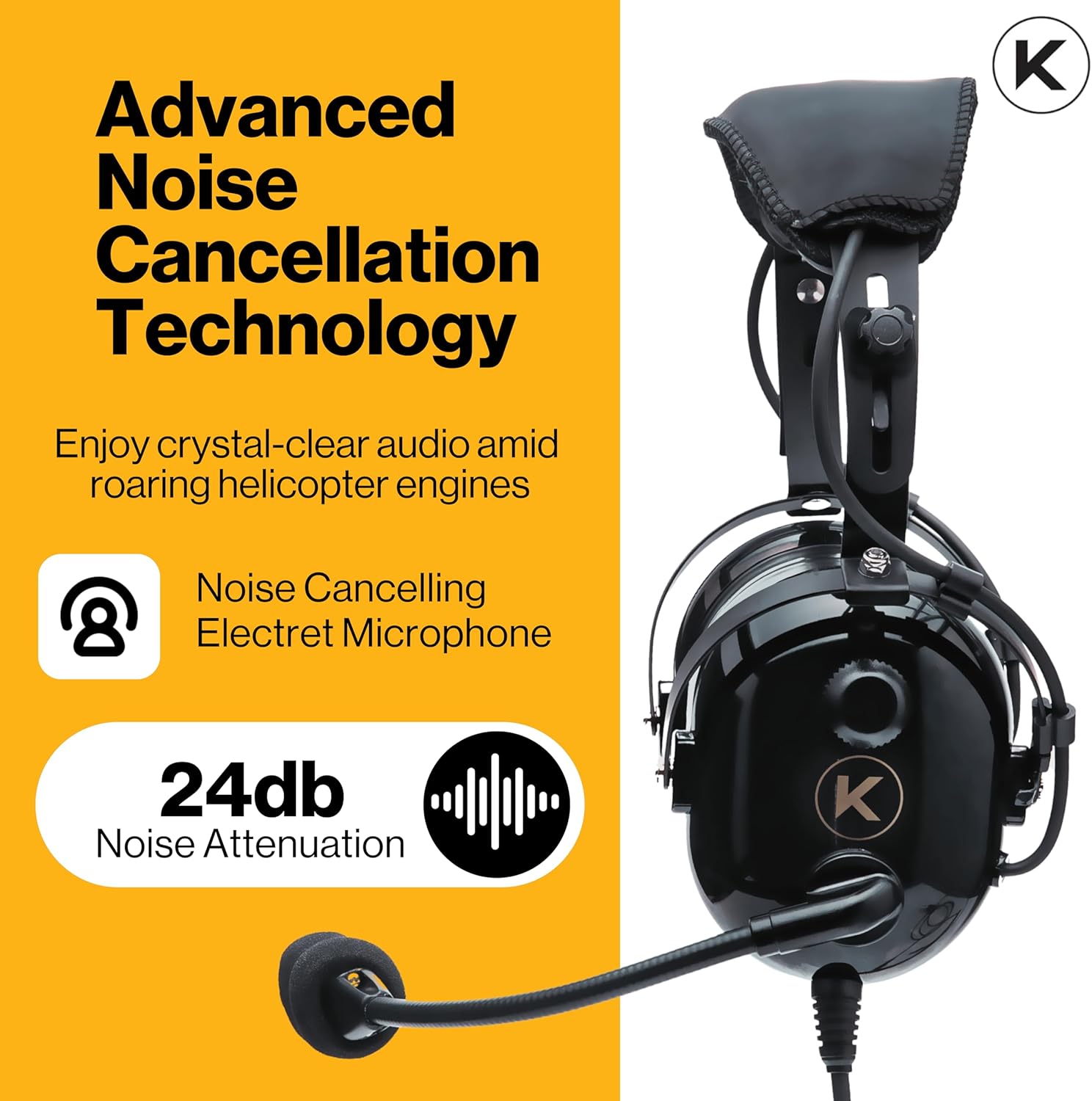 KORE AVIATION H1 Helicopter Pilot Headset - Reducción pasiva de ruido, micrófono con cancelación de ruido, mono, sello de oreja de gel, diadema ajustable, puerto AUX, enchufe U-174 y bolsa de auriculares gratis