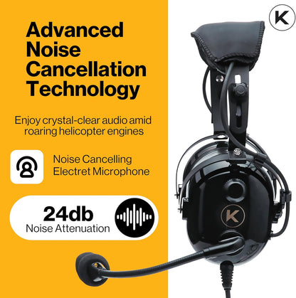 KORE AVIATION H1 Helicopter Pilot Headset - Reducción pasiva de ruido, micrófono con cancelación de ruido, mono, sello de oreja de gel, diadema ajustable, puerto AUX, enchufe U-174 y bolsa de auriculares gratis