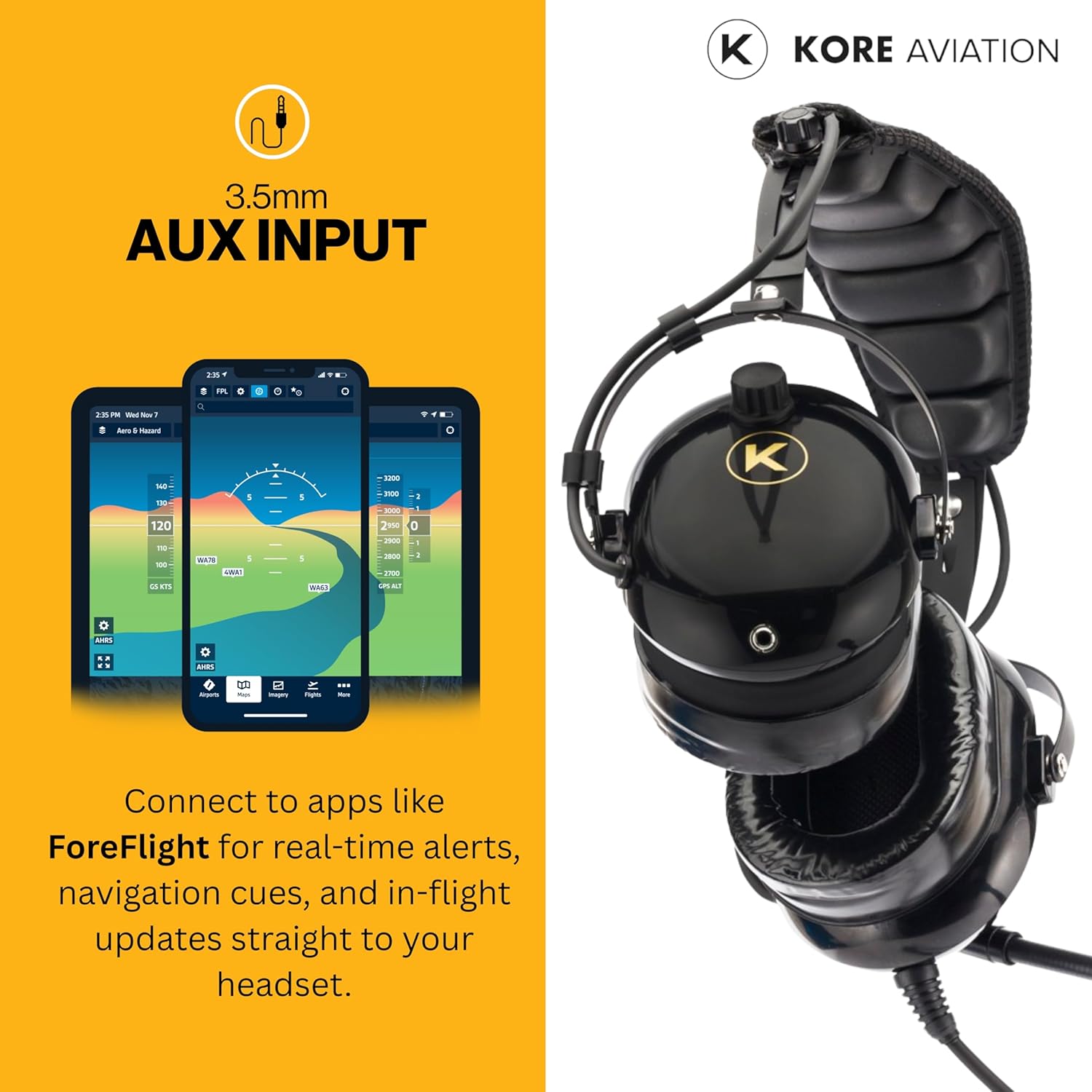 KORE AVIATION H1 Helicopter Pilot Headset - Reducción pasiva de ruido, micrófono con cancelación de ruido, mono, sello de oreja de gel, diadema ajustable, puerto AUX, enchufe U-174 y bolsa de auriculares gratis