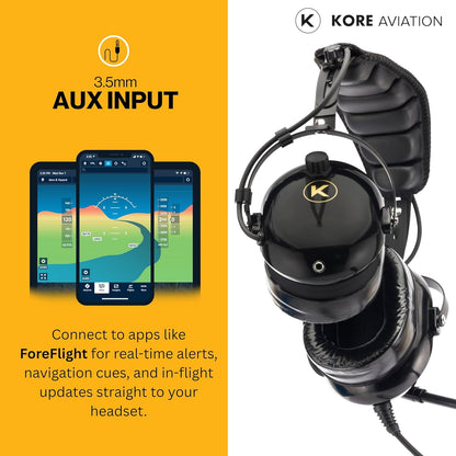 KORE AVIATION H1 Helicopter Pilot Headset - Reducción pasiva de ruido, micrófono con cancelación de ruido, mono, sello de oreja de gel, diadema ajustable, puerto AUX, enchufe U-174 y bolsa de auriculares gratis