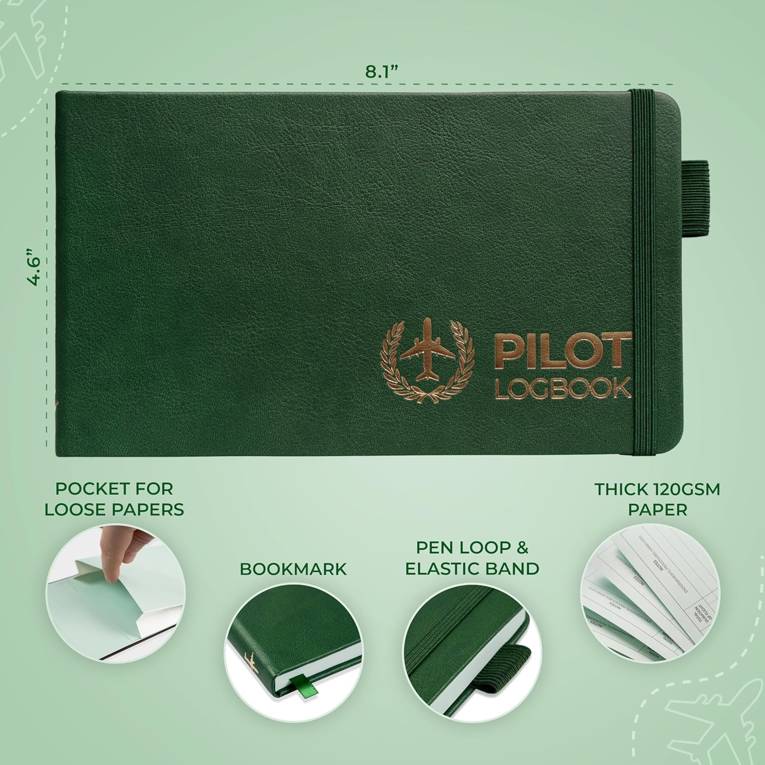 Clever Fox Cuaderno de registro piloto – Diario de registro de vuelo de tapa dura para pilotos profesionales y estudiantes – Libro de registro de aviones, regalos de aviación y equipo (verde radar)