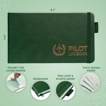Clever Fox Cuaderno de registro piloto – Diario de registro de vuelo de tapa dura para pilotos profesionales y estudiantes – Libro de registro de aviones, regalos de aviación y equipo (verde radar)